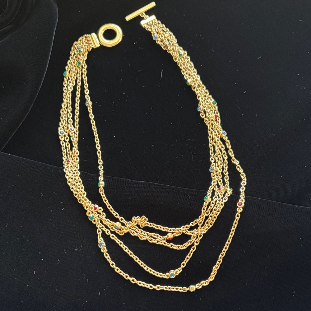 Elegant Gold five Strand Necklace with Colorful crystal Accents